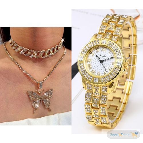 Magnificent Women Cuban Necklace With Wrist Watch- Gold
