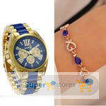 Geneva 2 In 1 Studded Women Wrist Watch With Bracelet-GoldBlue