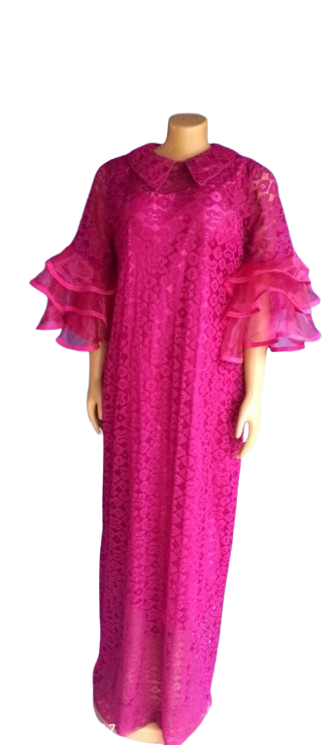 Bright Pink Lace Maxi Dress with Ruffled Sleeves