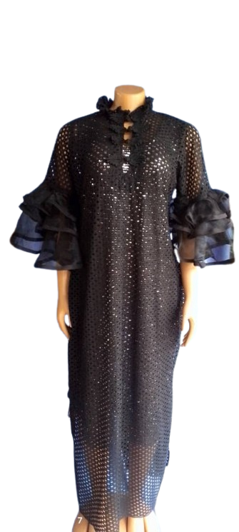 Black Lace Maxi Dress with Ruffled Sleeves