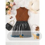 Catpapa Kid Girl 2-7 Years 2pcs Solid Sleeveless Top With Leather Skirt