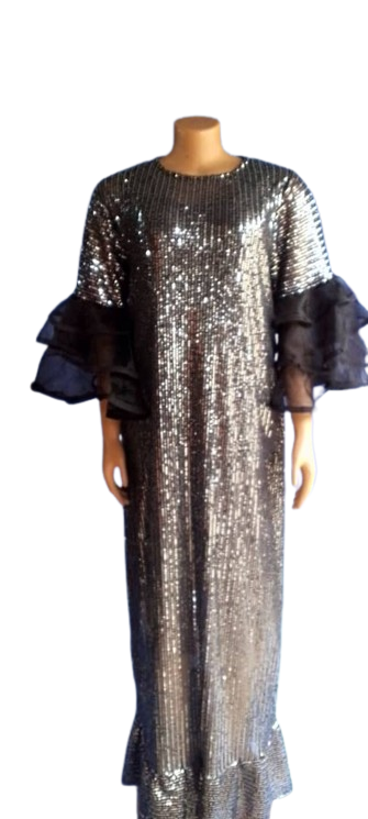 Silver Sequin Maxi Dress with Black Ruffled Sleeves